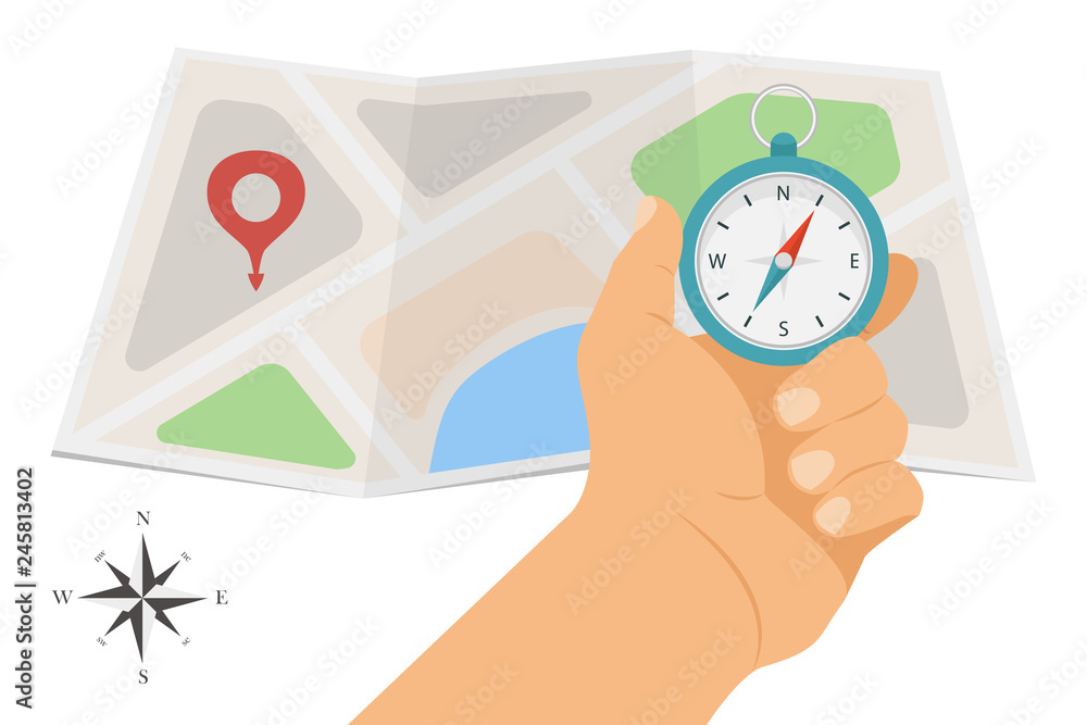 Poster map icon with a compass. vector navigation compass and map. compass on travel map. vector illustrati