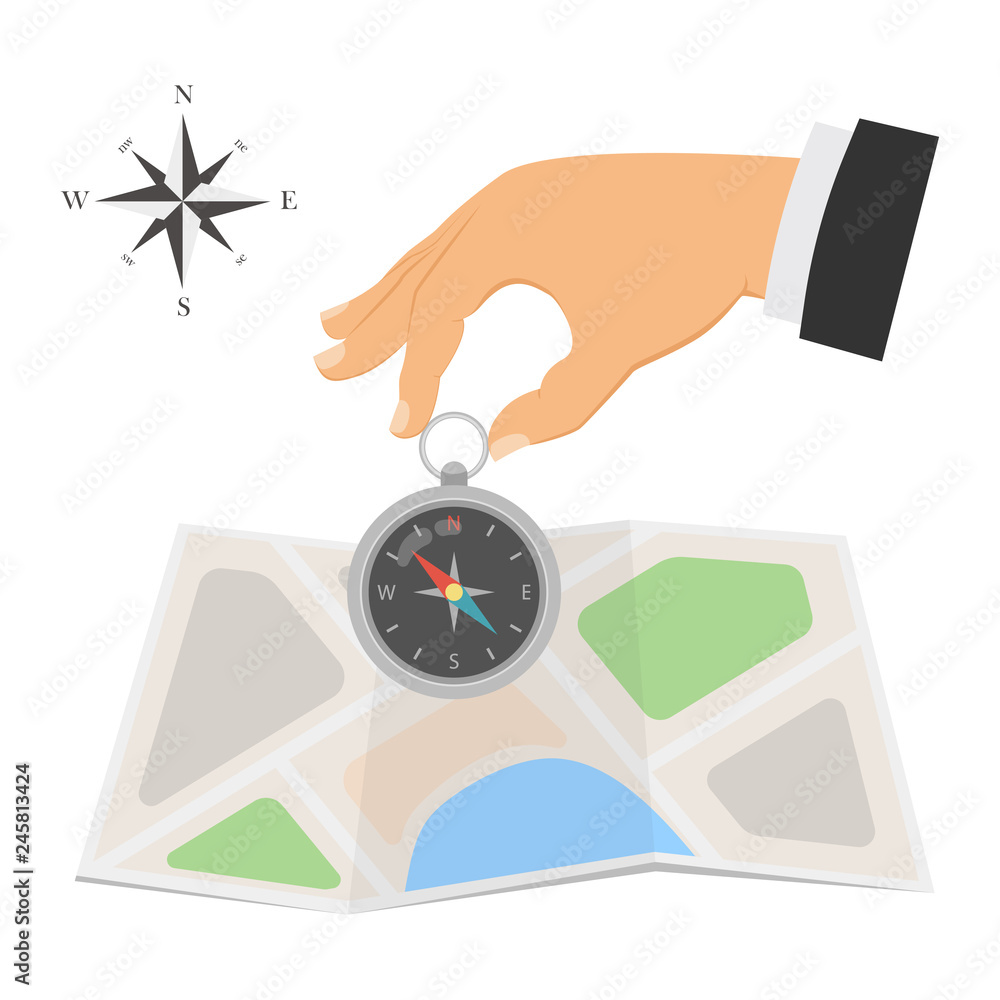 Poster map icon with a compass. vector navigation compass and map. compass on travel map. vector illustrati