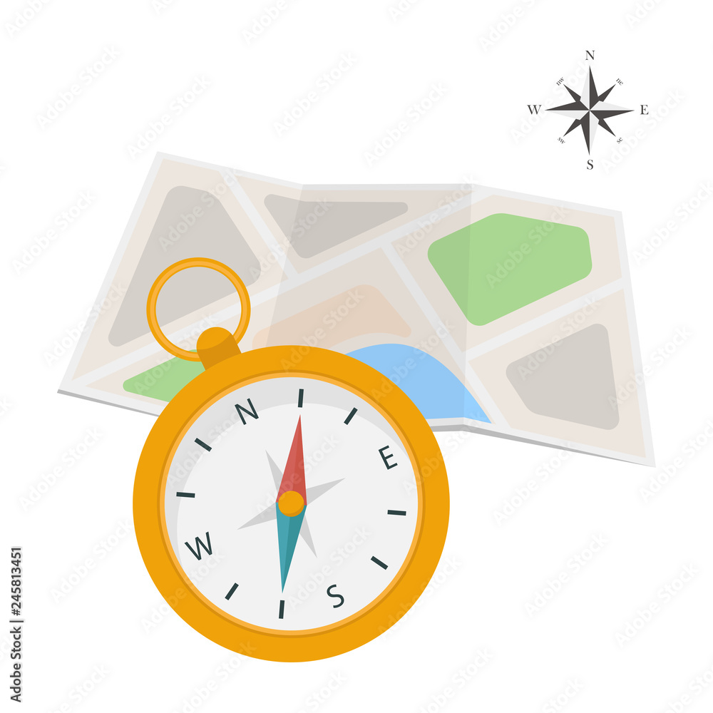Poster map icon with a compass. vector navigation compass and map. compass on travel map. vector illustrati
