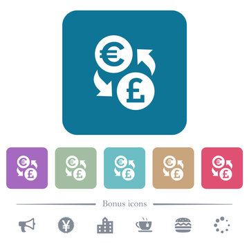 Euro Pound money exchange flat icons on color rounded square backgrounds