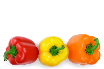 yellow orange and red sweet bell pepper isolated on white background with copy space for your text. Top view. Flat lay