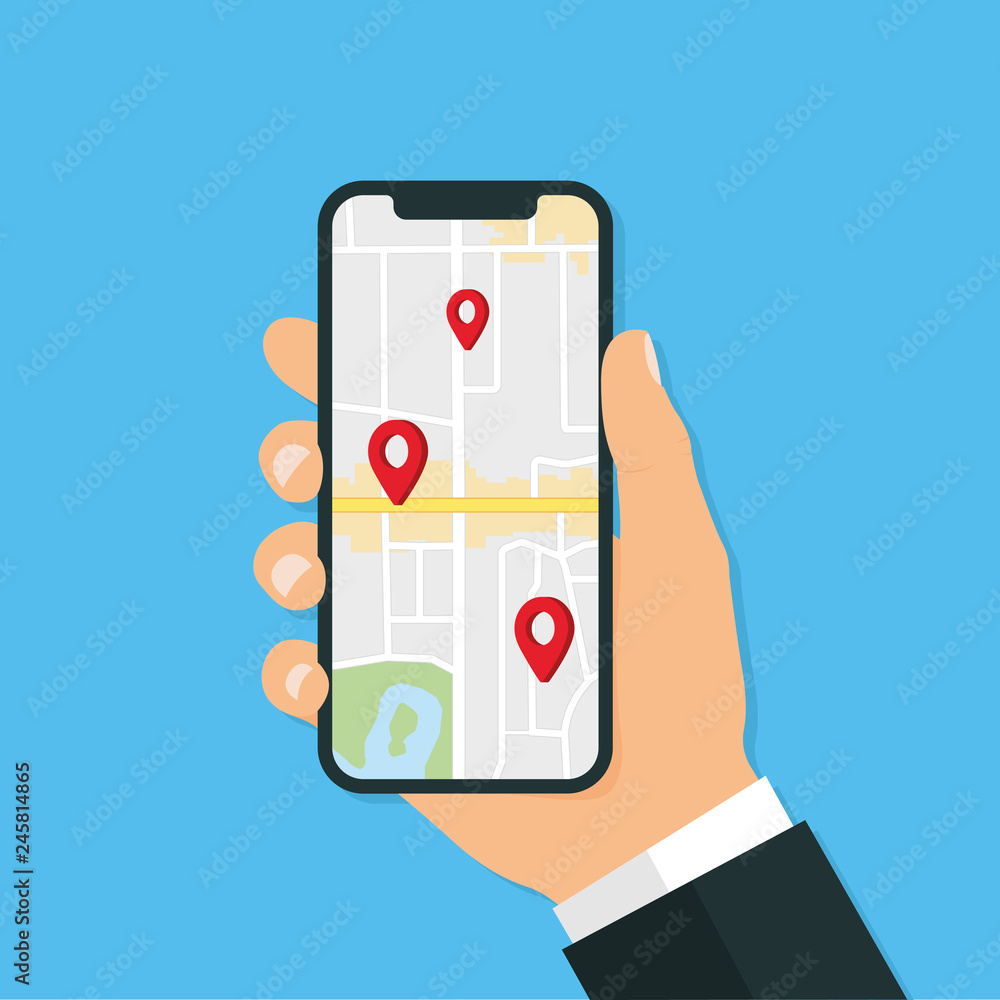 Poster hand holding smartphone with map and marker. mobile gps navigation and tracking concept - stock vect