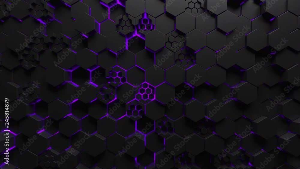 Wall mural abstract technological background made of black hexagons with purple glow. seamless loop