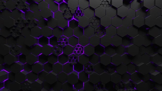 Abstract technological background made of black hexagons with purple glow. Seamless loop