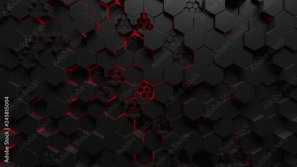 Wall mural abstract technological background made of black hexagons with red glow. seamless loop