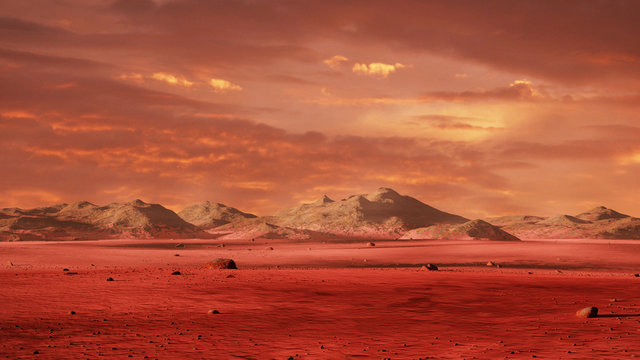 landscape on planet Mars, scenic desert surrounded by mountains on the red planet © dottedyeti
