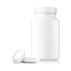 Plastic bottle with oval pills mockup isolated on white background. Can be used for medical, cosmetic. Vector illustration. EPS10.