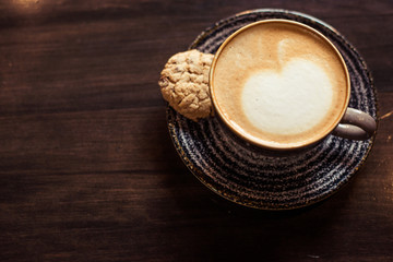top view coffee cup on the wood table 