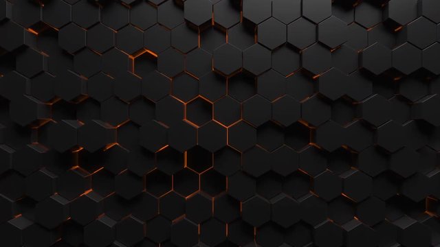 Abstract technological background made of black hexagons with orange glow. Seamless loop
