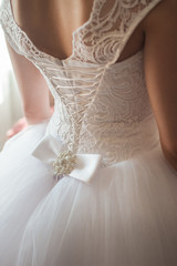 Wedding dress close-up. Bridal corset.