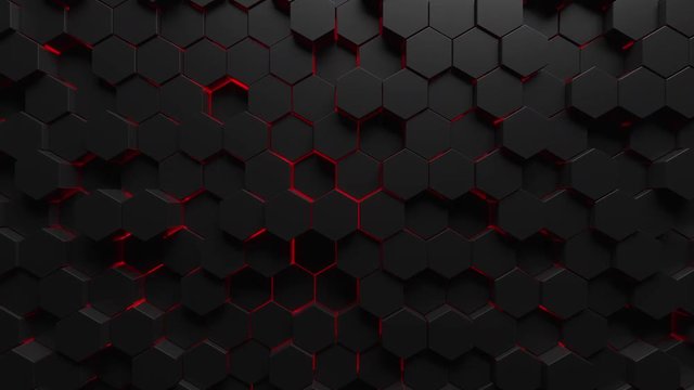 Abstract technological background made of black hexagons with red glow. Seamless loop