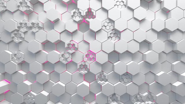 Abstract technological background made of white hexagons with fuchsia glow. Seamless loop