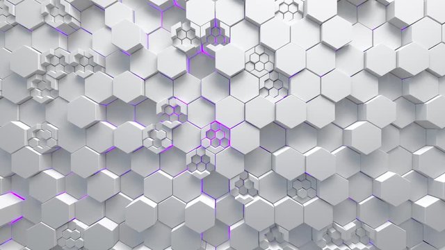 Abstract technological background made of white hexagons with purple glow. Seamless loop