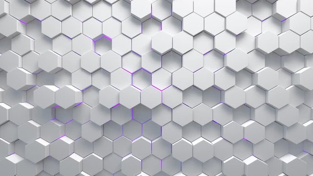 Abstract technological background made of white hexagons with purple glow. Seamless loop
