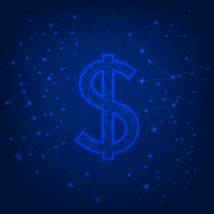 Glowing dollar sign on a blue background. Vector illustration .