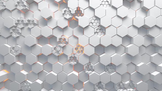 Abstract technological background made of white hexagons with orange glow. Seamless loop