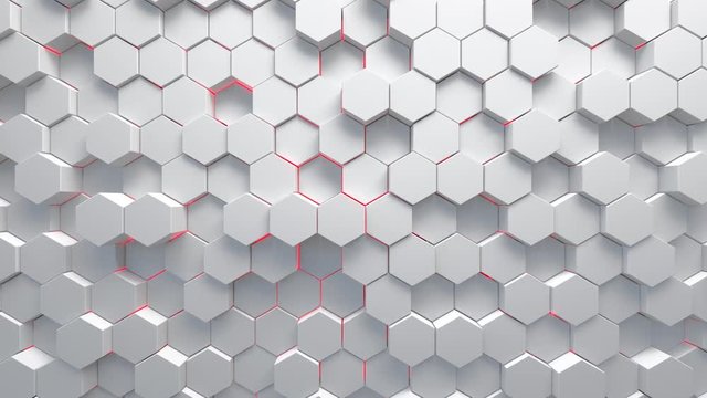 Abstract technological background made of white hexagons with red glow. Seamless loop