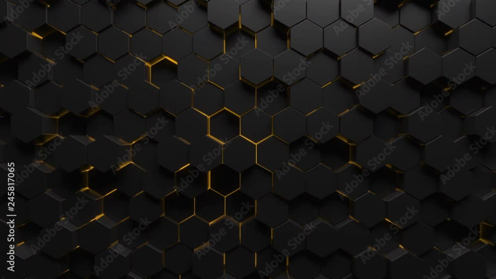 Wall mural abstract technological background made of black hexagons with yellow glow. seamless loop