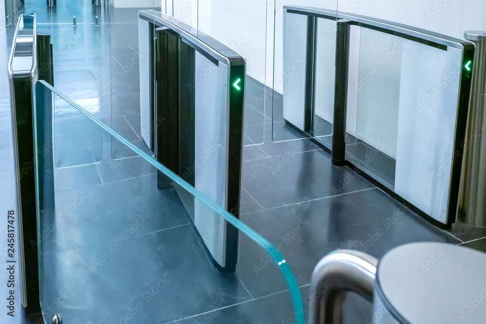 Poster turnstiles. checkpoint. automatic access control. access system in the building. automatic turnstile