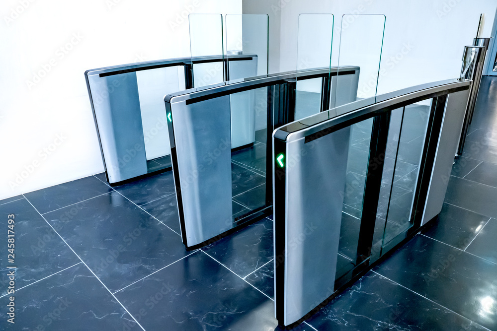 Poster turnstiles. checkpoint. automatic access control. access system in the building. automatic turnstile