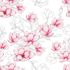 Obraz premium Seamless pattern pink pastel Magnolia flowers abstract background.Drawing line art.Vector illustration