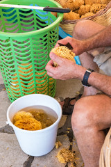Sponge Cutter trims sea sponge tampon in street shop on Symi island (Rhodes, Greece)