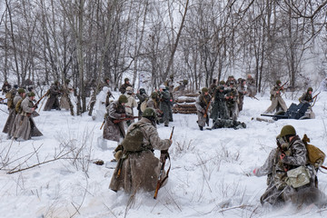 Soviet and German soldiers in winter reconstruction of World War 2, Battle for Voronezh rebellion