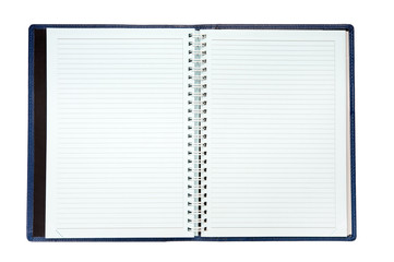 An open spiral notebook with blank pages.