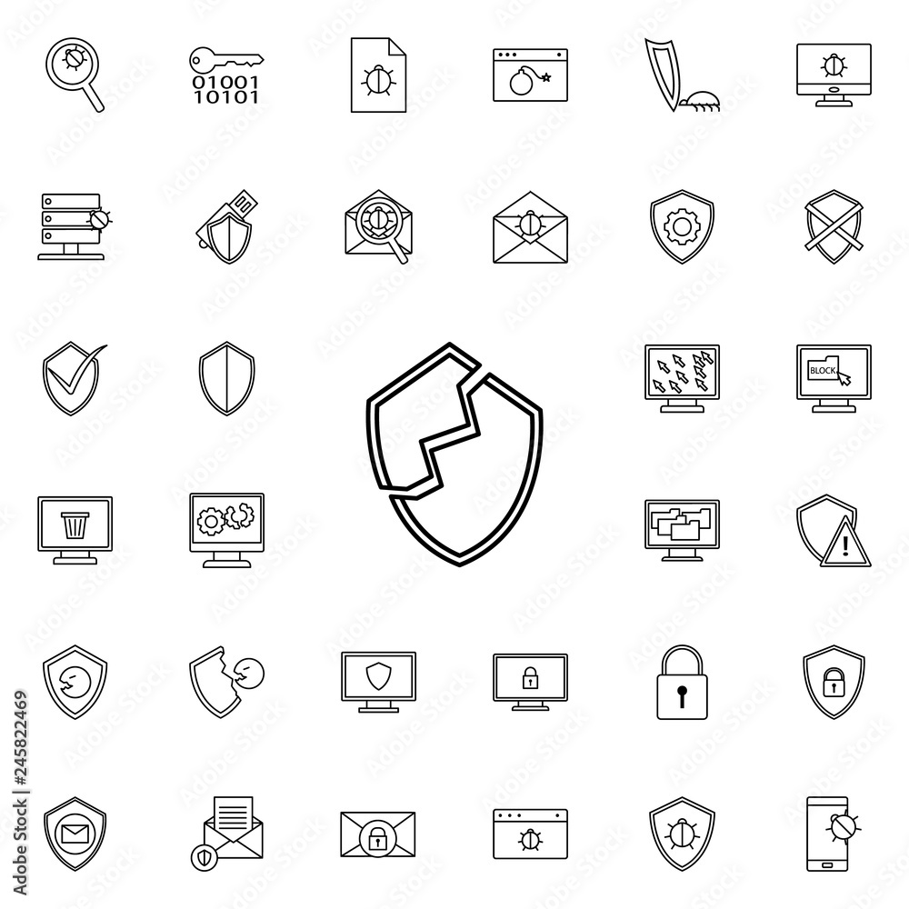 Poster broken shield line icon. virus antivirus icons universal set for web and mobile