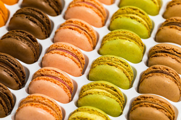Colorful Macaroons Chocolate, Pistachio, Cherry, Orange, Vanilla Flavor Background. Selective focus.
