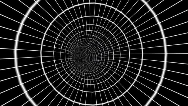 Mesmorizing Hypnotic White Rings Grid Lines On Black Background Wormhole Movement Animation