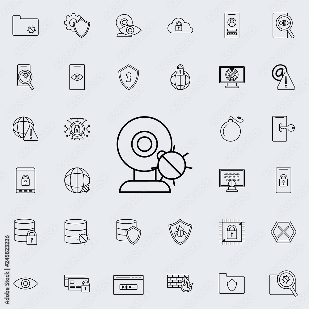 Poster bug in web camera icon. Virus Antivirus icons universal set for web and mobile