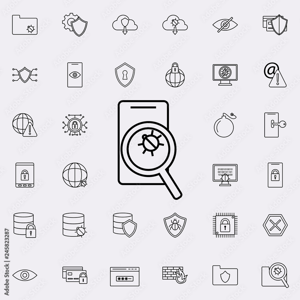 Poster look for bugs in a smart phone icon. virus antivirus icons universal set for web and mobile