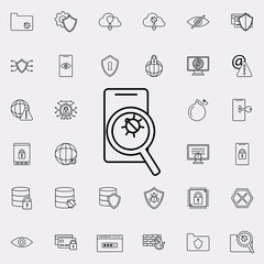 look for bugs in a smart phone icon. Virus Antivirus icons universal set for web and mobile