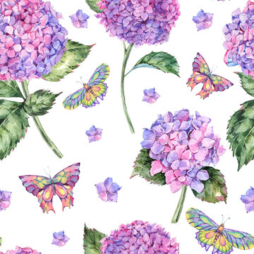 Watercolor summer seamless pattern with pink hydrangea and butterflies.