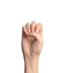 Woman showing E letter on white background, closeup. Sign language