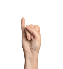 Woman showing I letter on white background, closeup. Sign language