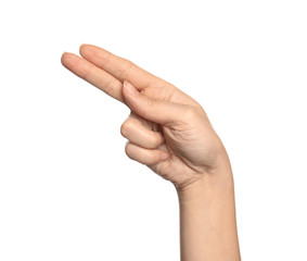 Woman showing H letter on white background, closeup. Sign language
