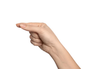 Woman showing G letter on white background, closeup. Sign language