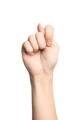 Woman showing T letter on white background, closeup. Sign language