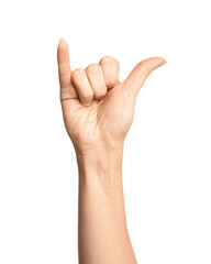 Woman showing Y letter on white background, closeup. Sign language
