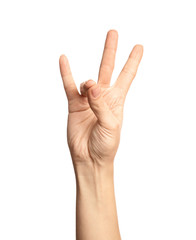 Fototapeta premium Woman showing number seven on white background, closeup. Sign language