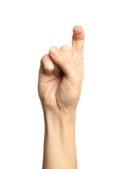 Woman showing X letter on white background, closeup. Sign language