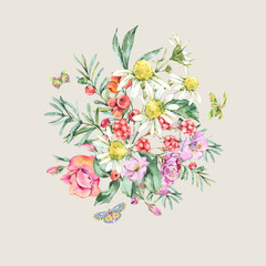 Watercolor Summer Bouquet with Chamomile, Berries, Wildflowers, Blackberry and Butterflies