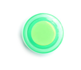 Bright green plastic magnet on white background, top view