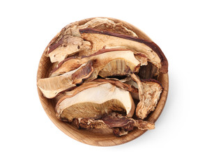 Plate of dried mushrooms isolated on white, top view