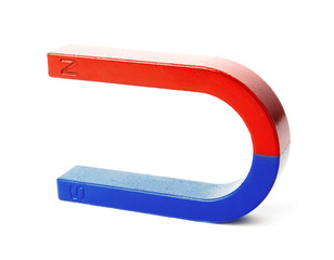 Red and blue horseshoe magnet isolated on white