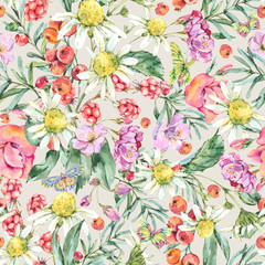 Watercolor Summer Seamless Pattern with Chamomile, Berries, Wildflowers, Blackberry and Butterflies. Natural Floral Illustration