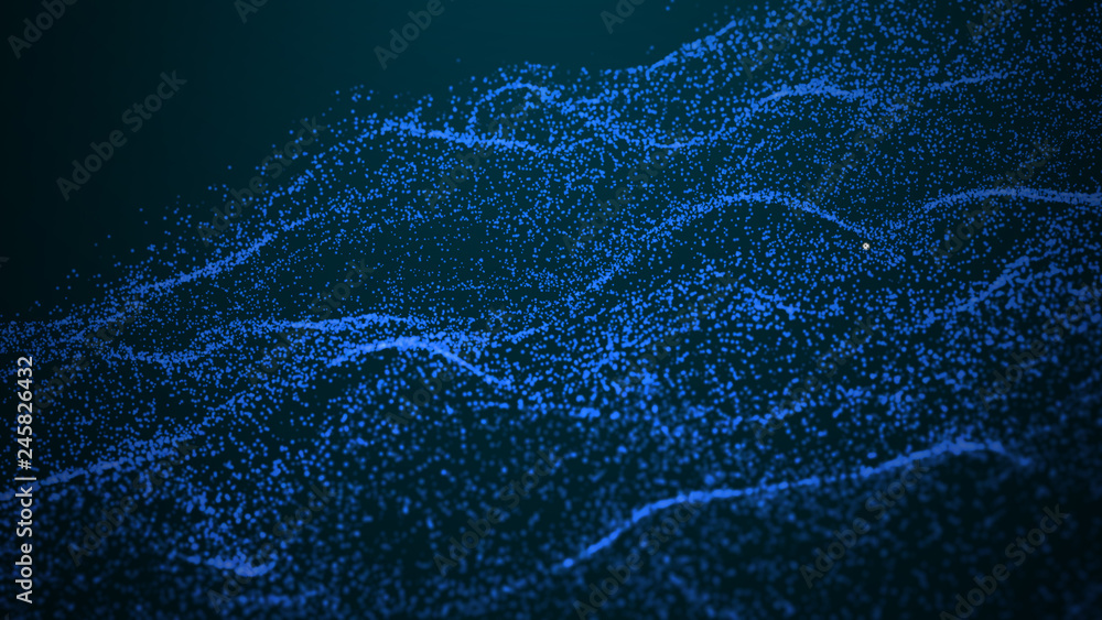 Poster wave glow. wave of particles. wave 3d. 3d rendering. futuristic dots background with a dynamic wave.