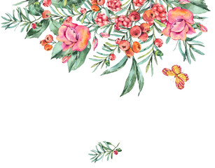 Watercolor Vintage Bouquet with Berries, Wildflowers, Blackberry and Butterflies